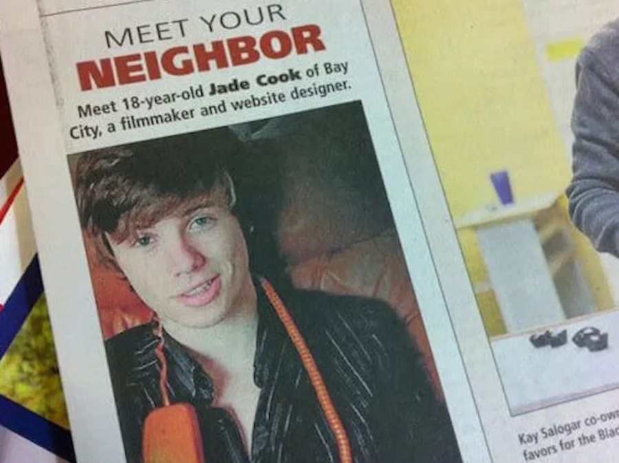 M-Live newspaper article featuring a photo of Jade Allen Cook and a headline that says 'Meet 18-Year-Old Jade Cook, a filmmaker and website designer'.